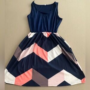 Navy Blue Dress with Coral & White Print
